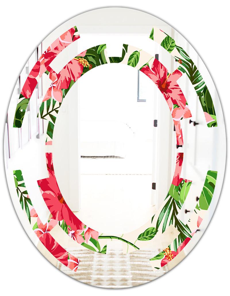 DesignQ Tropical Leaves And Flowers I - Cottage Round Or Oval Wall Mirror - Space
