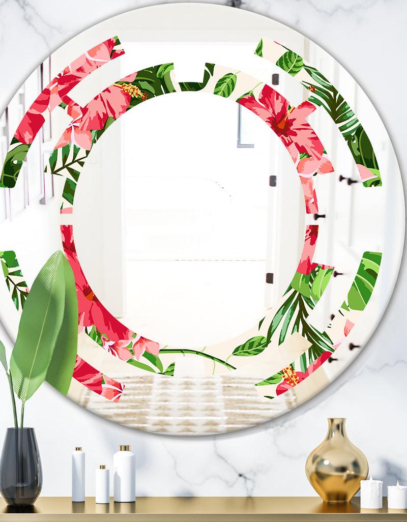 DesignQ Tropical Leaves and Flowers I - Cottage Round or Oval Wall Mirror - Space