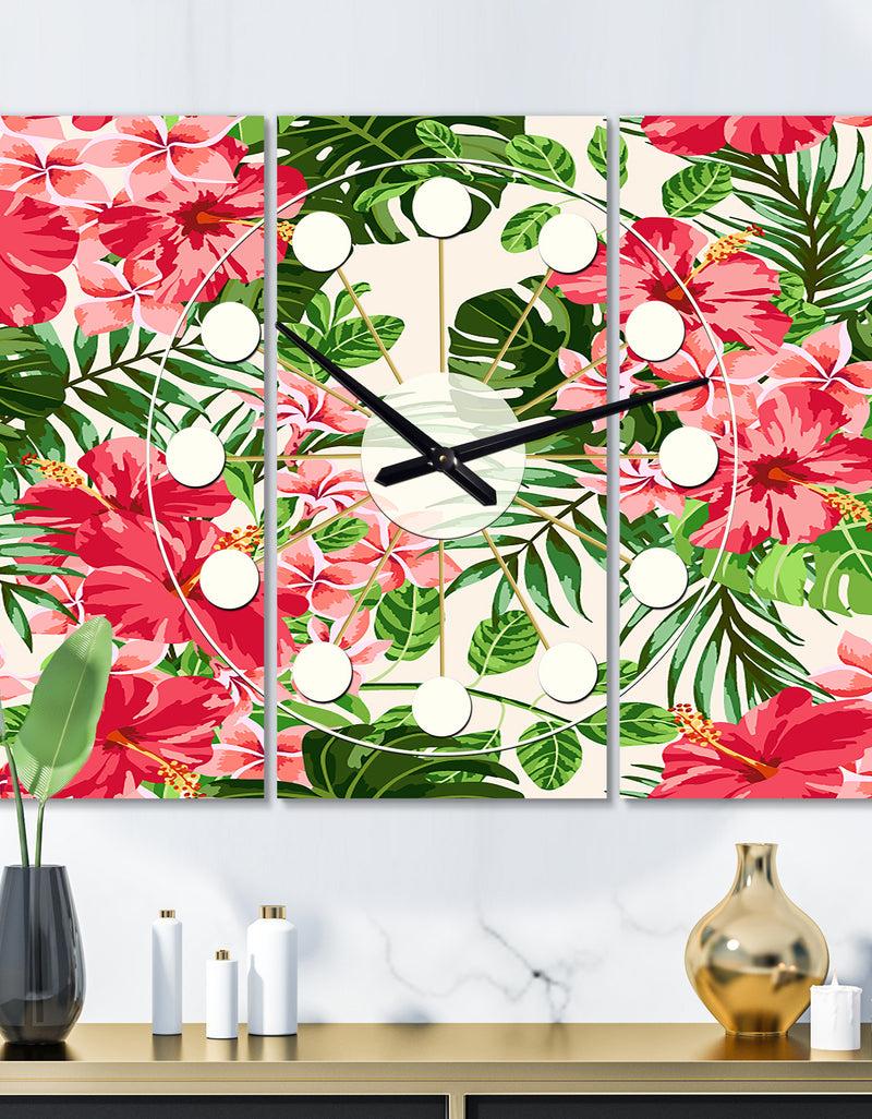DesignQ Tropical Leaves and Flowers I - Oversized Mid-Century wall clock - 3 Panels