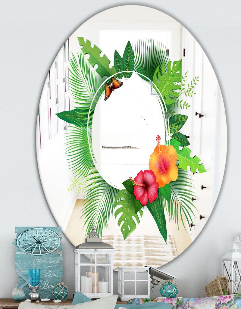 DesignQ Tropical Leaves - Farmhouse Mirror - Oval Or Round Decorative Mirror