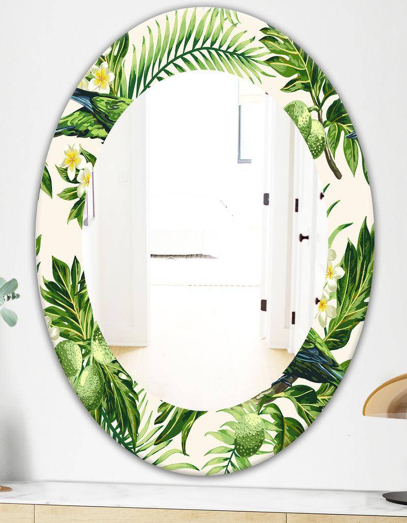 DesignQ Tropical Leaves Green - Bohemian And Eclectic Mirror - Oval Or Round Wall Mirror
