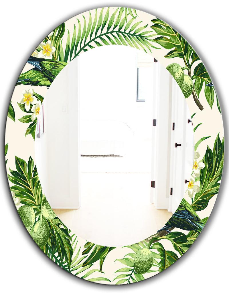 DesignQ Tropical Leaves Green - Bohemian And Eclectic Mirror - Oval Or Round Wall Mirror