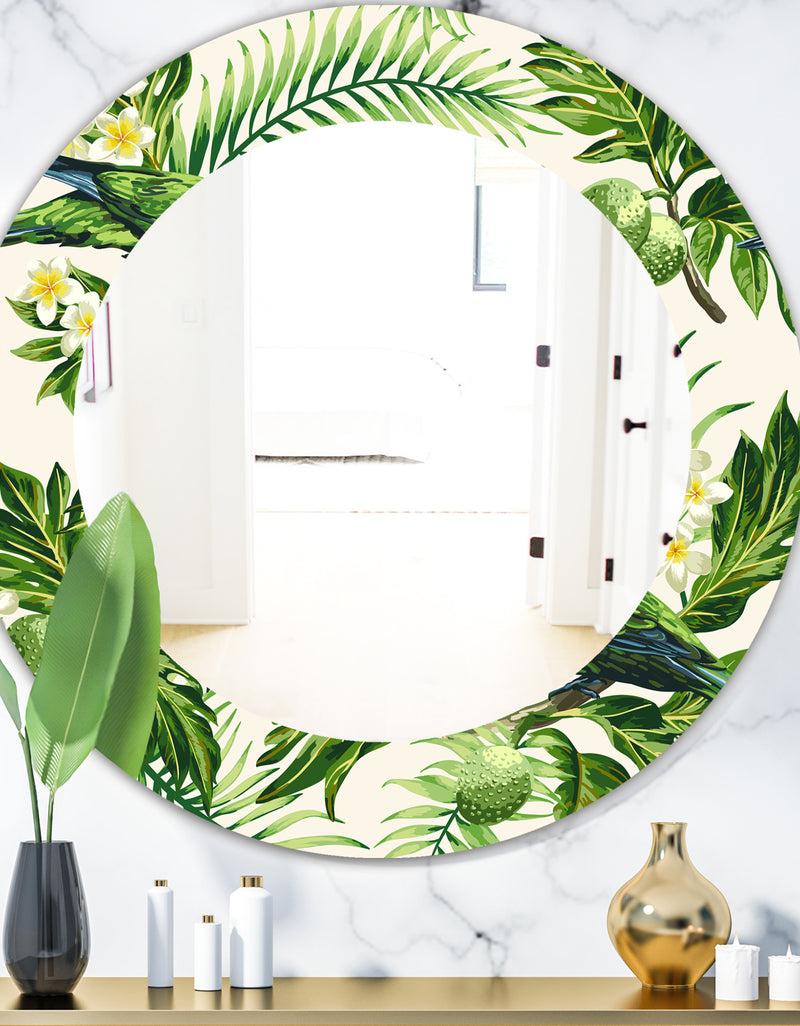 DesignQ Tropical Leaves Green - Bohemian and Eclectic Mirror - Oval or Round Wall Mirror