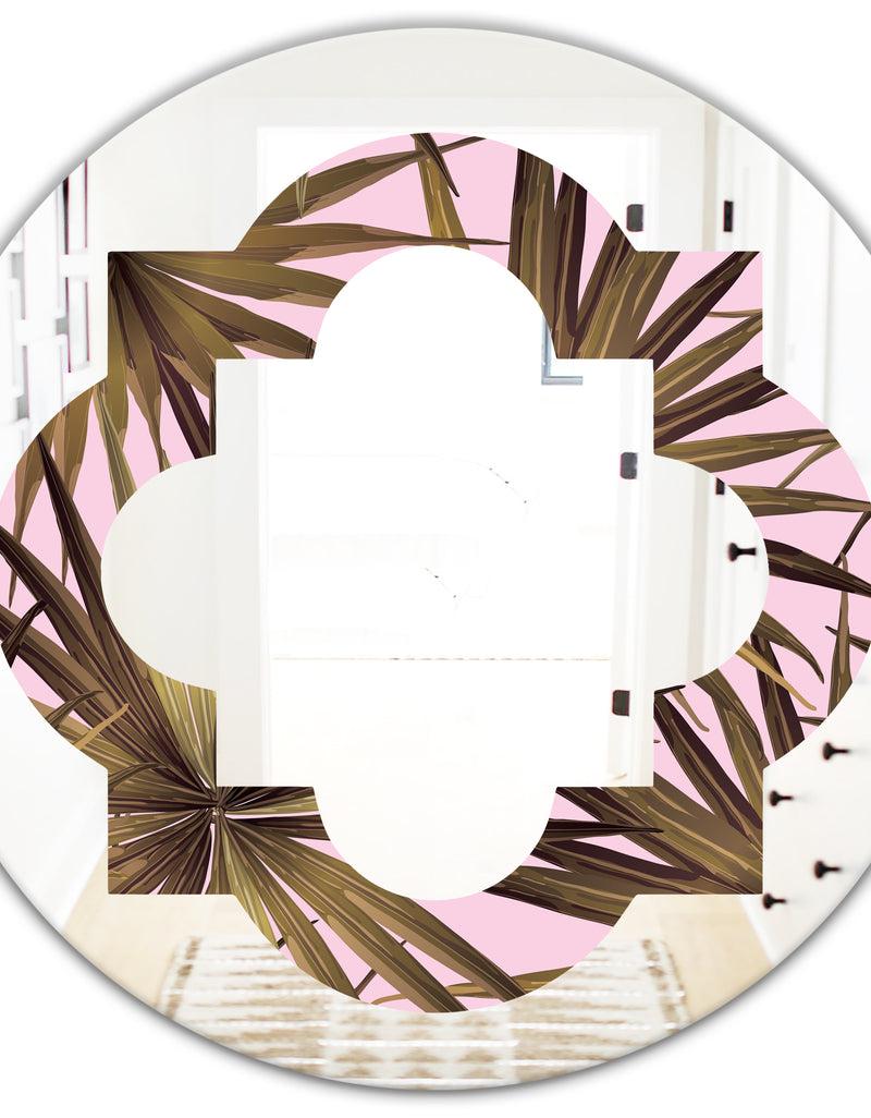 DesignQ Tropical Leaves On Pink - Modern Round Or Oval Wall Mirror - Quatrefoil