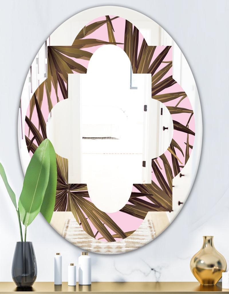 DesignQ Tropical Leaves On Pink - Modern Round Or Oval Wall Mirror - Quatrefoil