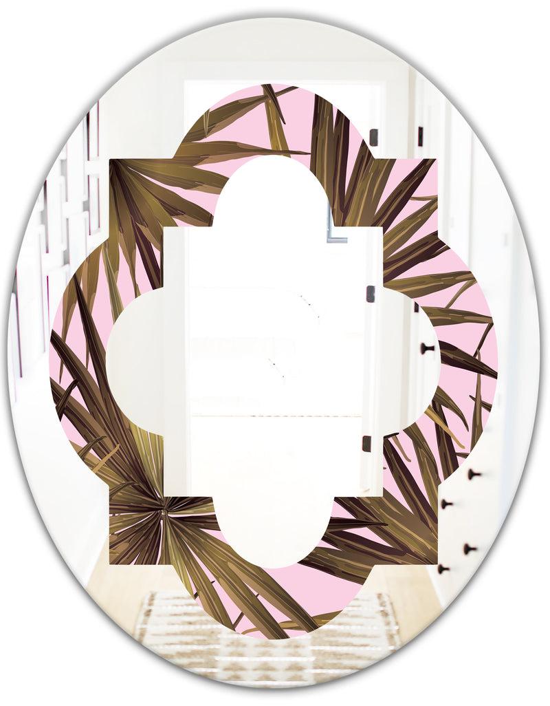 DesignQ Tropical Leaves On Pink - Modern Round Or Oval Wall Mirror - Quatrefoil