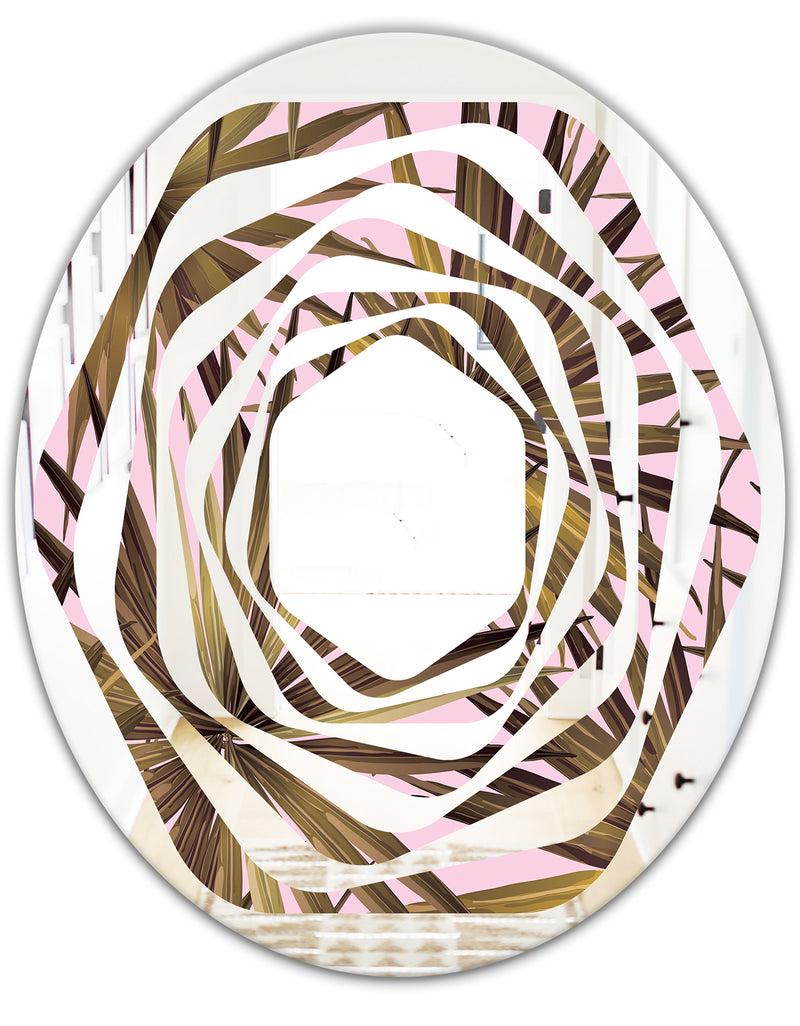 DesignQ Tropical Leaves On Pink - Modern Round Or Oval Wall Mirror - Whirl