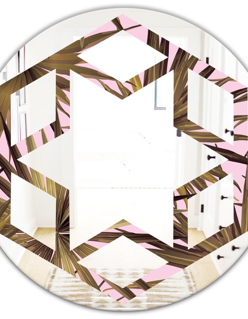 DesignQ Tropical Leaves On Pink - Modern Round Or Oval Wall Mirror - Hexagon Star