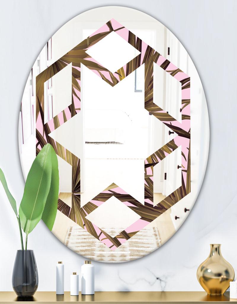DesignQ Tropical Leaves On Pink - Modern Round Or Oval Wall Mirror - Hexagon Star