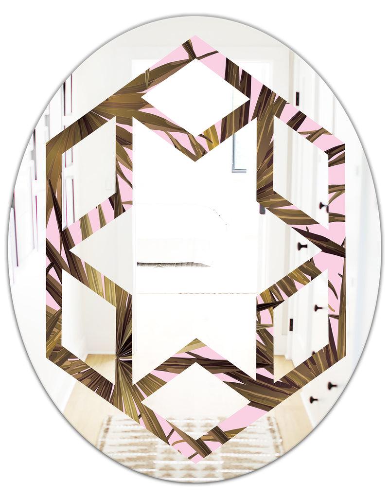 DesignQ Tropical Leaves On Pink - Modern Round Or Oval Wall Mirror - Hexagon Star