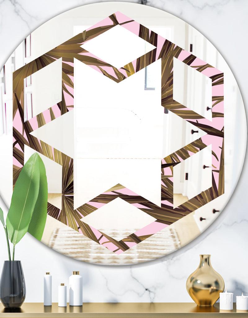 DesignQ Tropical Leaves On Pink - Modern Round or Oval Wall Mirror - Hexagon Star