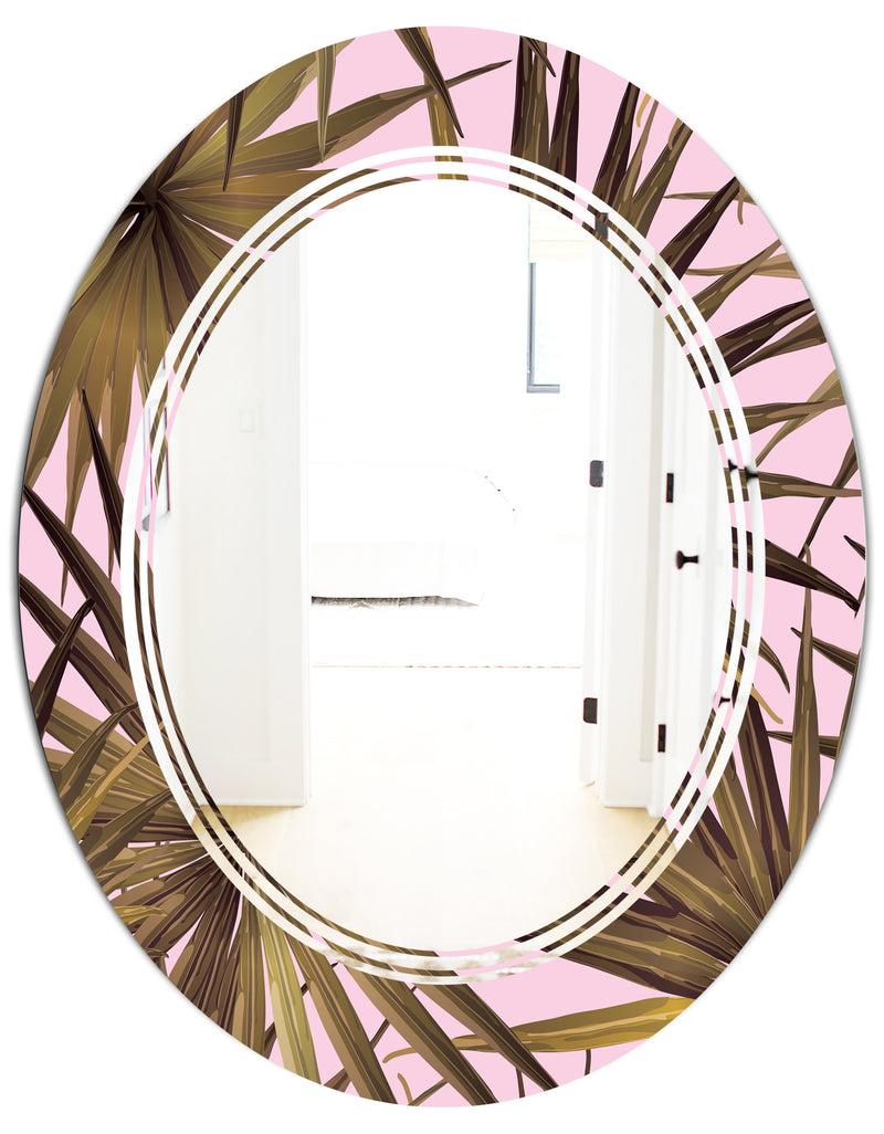 DesignQ Tropical Leaves On Pink - Modern Round Or Oval Wall Mirror - Triple C