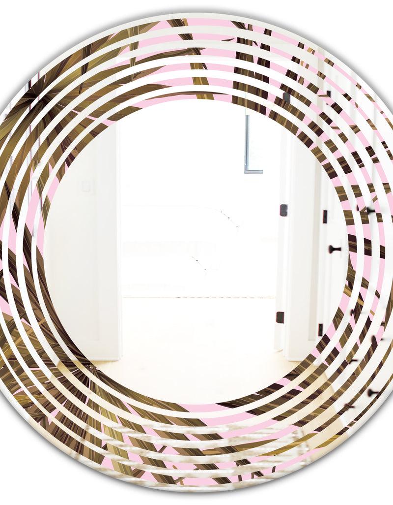 DesignQ Tropical Leaves On Pink - Modern Round Or Oval Wall Mirror - Wave