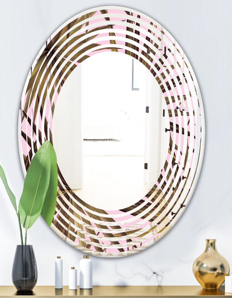 DesignQ Tropical Leaves On Pink - Modern Round Or Oval Wall Mirror - Wave