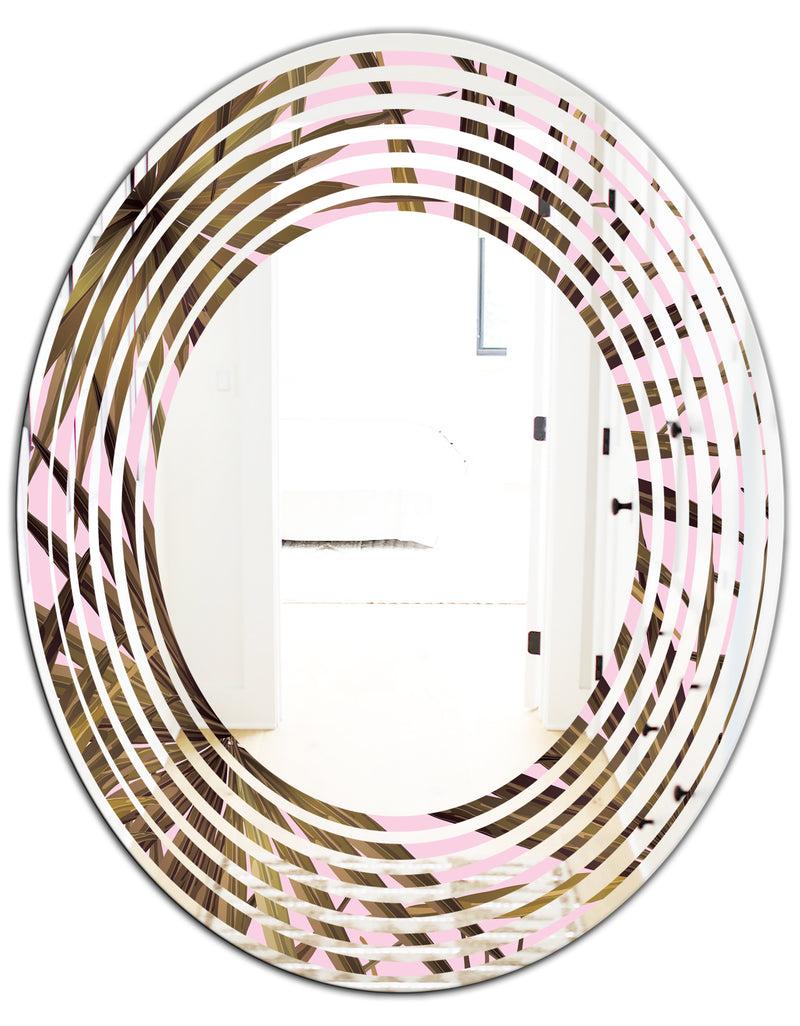 DesignQ Tropical Leaves On Pink - Modern Round Or Oval Wall Mirror - Wave