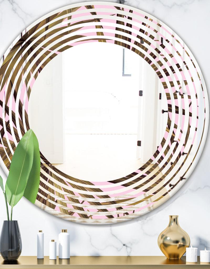 DesignQ Tropical Leaves On Pink - Modern Round or Oval Wall Mirror - Wave