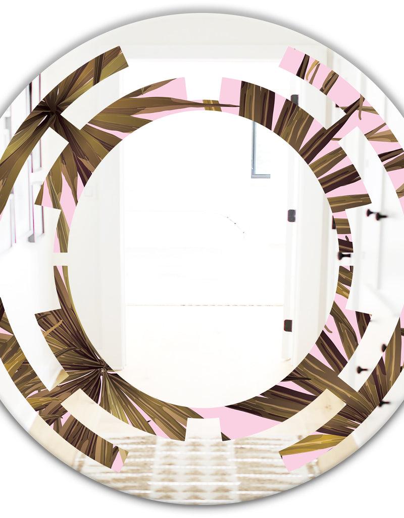 DesignQ Tropical Leaves On Pink - Modern Round Or Oval Wall Mirror - Space