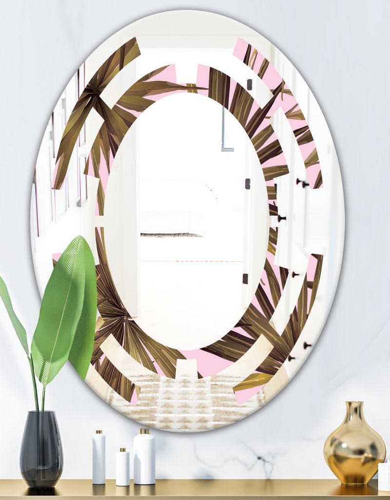 DesignQ Tropical Leaves On Pink - Modern Round Or Oval Wall Mirror - Space
