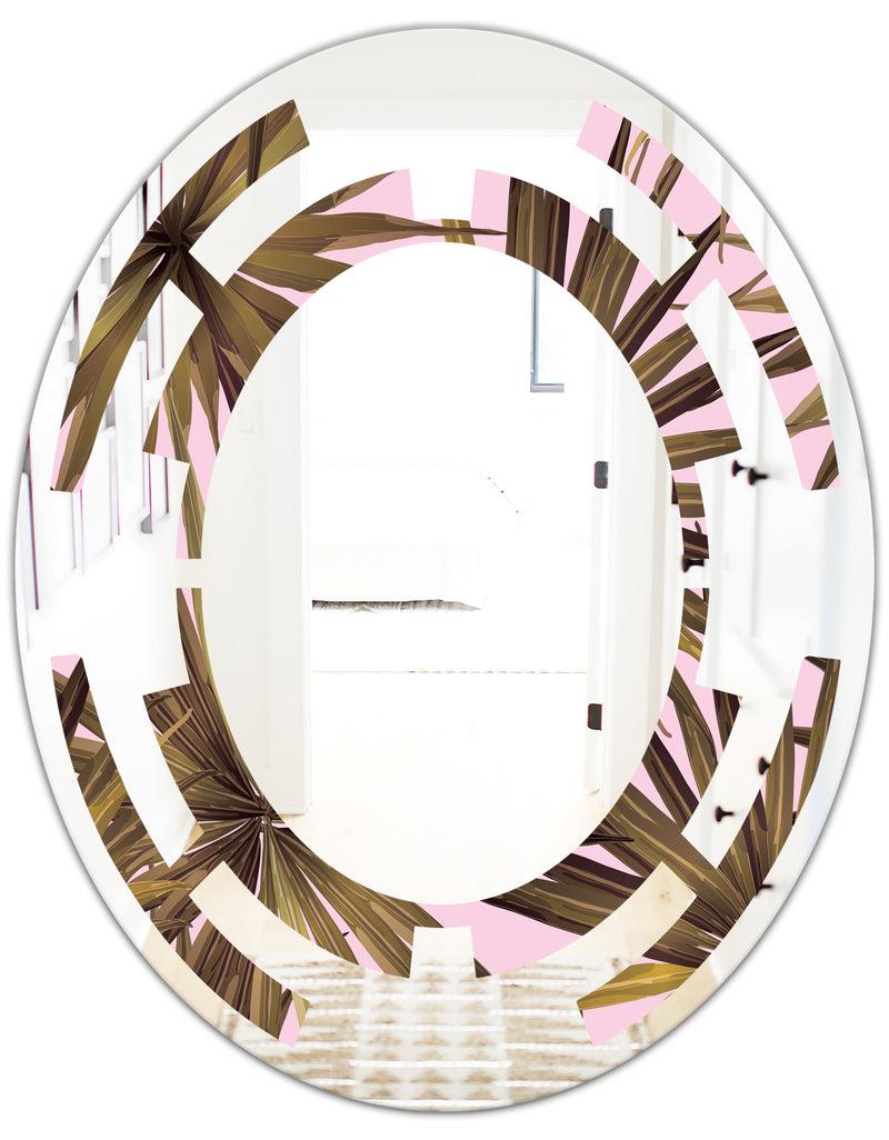 DesignQ Tropical Leaves On Pink - Modern Round Or Oval Wall Mirror - Space
