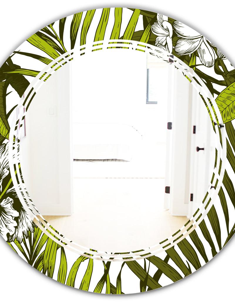 DesignQ Tropical Palm Leaves I - Modern Round Or Oval Wall Mirror - Triple C