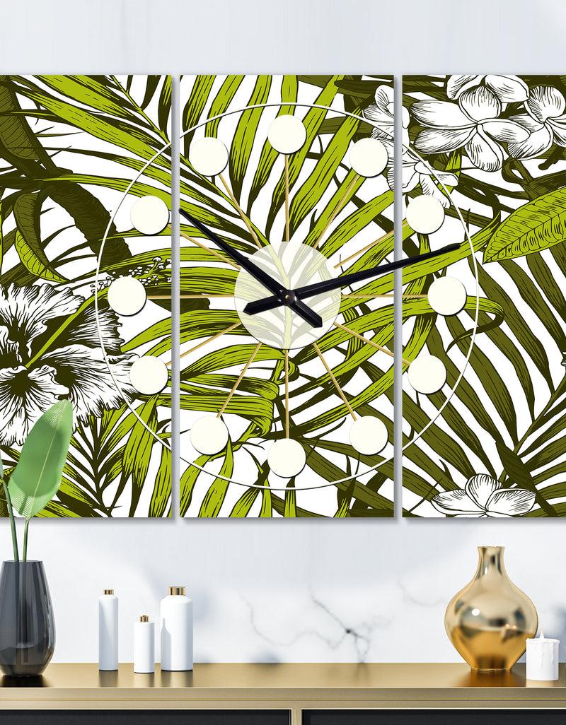 DesignQ Tropical Palm Leaves I - Oversized Mid-Century wall clock - 3 Panels