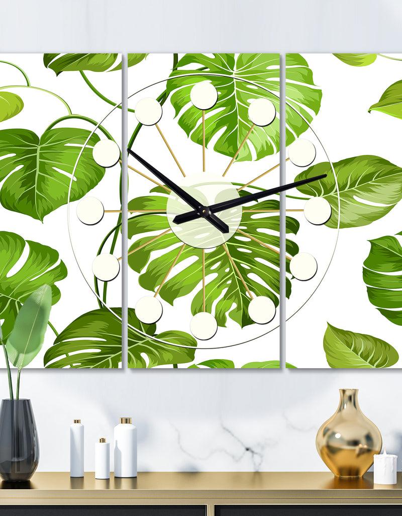 DesignQ Tropical Palm Leaves II - Oversized Mid-Century wall clock - 3 Panels