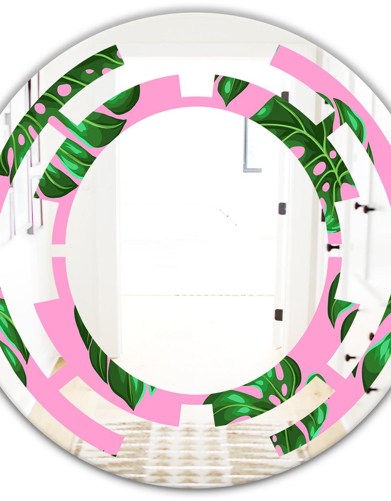 DesignQ Tropical Palm Leaves III - Modern Round Or Oval Wall Mirror - Space