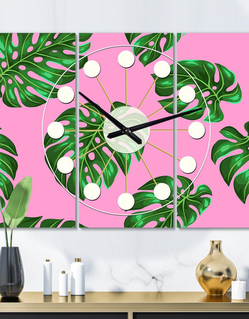 DesignQ Tropical Palm Leaves III - Oversized Mid-Century wall clock - 3 Panels