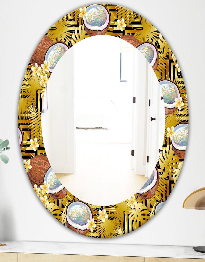 DesignQ Tropical Pattern With Coconuts And Flowers - Bohemian And Eclectic Mirror - Oval Or Round Wall Mirror