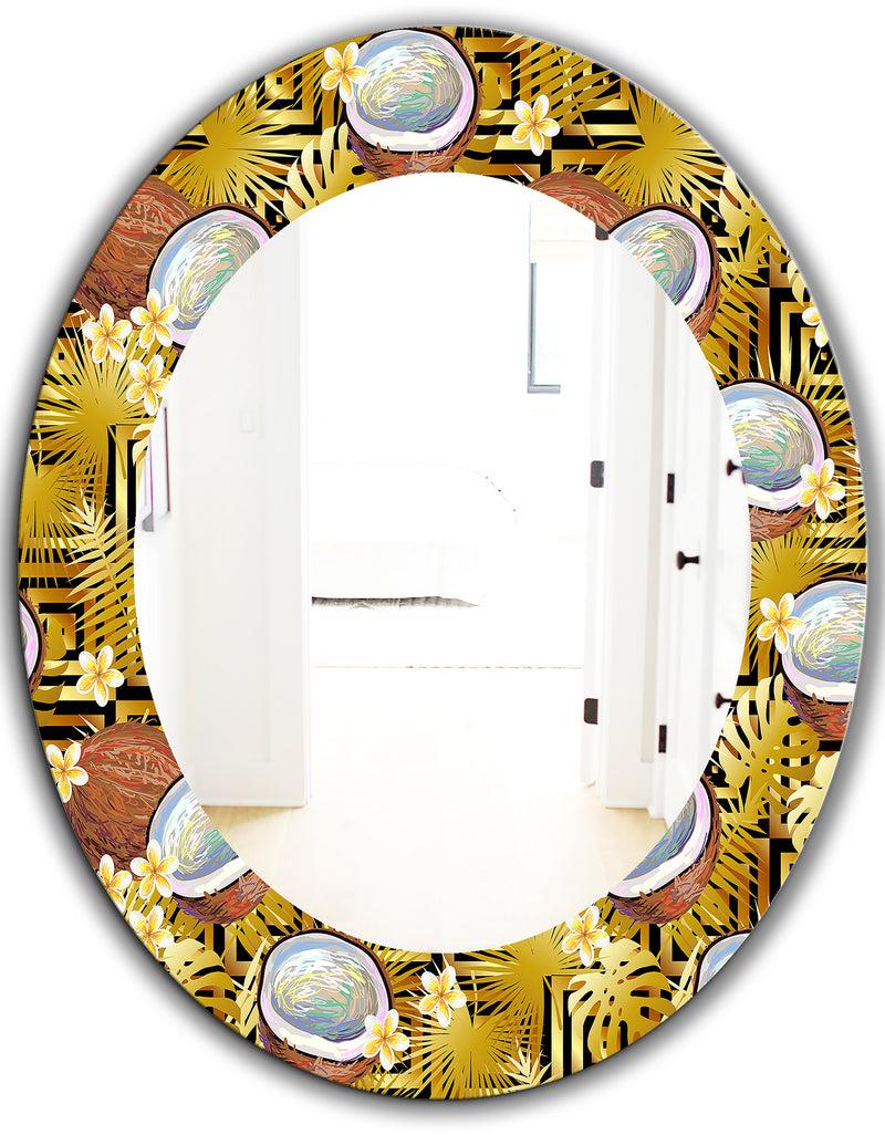 DesignQ Tropical Pattern With Coconuts And Flowers - Bohemian And Eclectic Mirror - Oval Or Round Wall Mirror