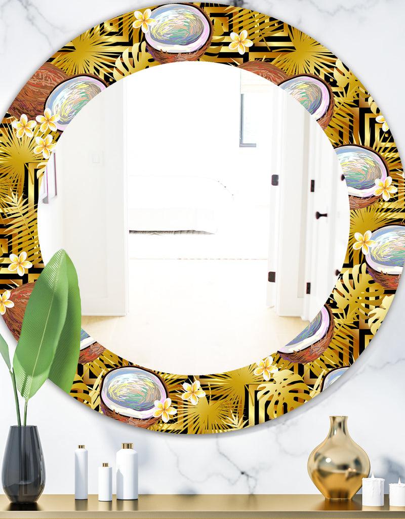 DesignQ Tropical Pattern With Coconuts and Flowers - Bohemian and Eclectic Mirror - Oval or Round Wall Mirror