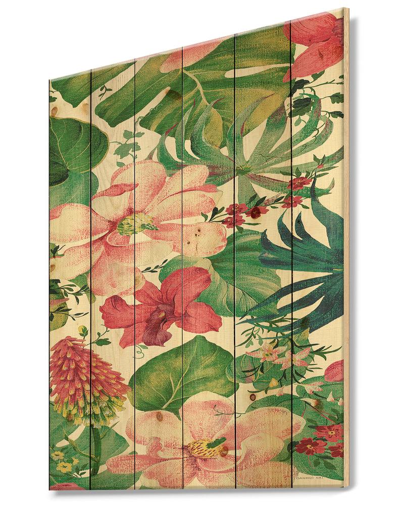 DesignQ Tropical Red And Pink Flowers - Cabin & Lodge Print On Natural Pine Wood