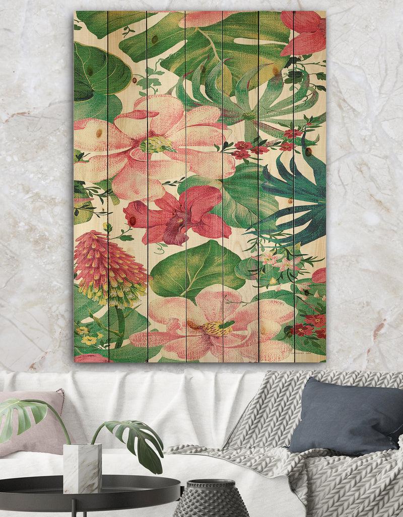 DesignQ Tropical Red and Pink Flowers - Cabin & Lodge Print on Natural Pine Wood