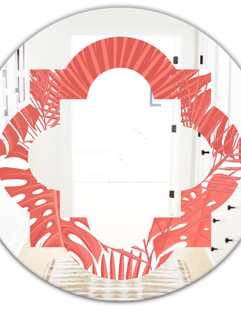 DesignQ Tropical Retro Foliage Coral I - Modern Round Or Oval Wall Mirror - Quatrefoil