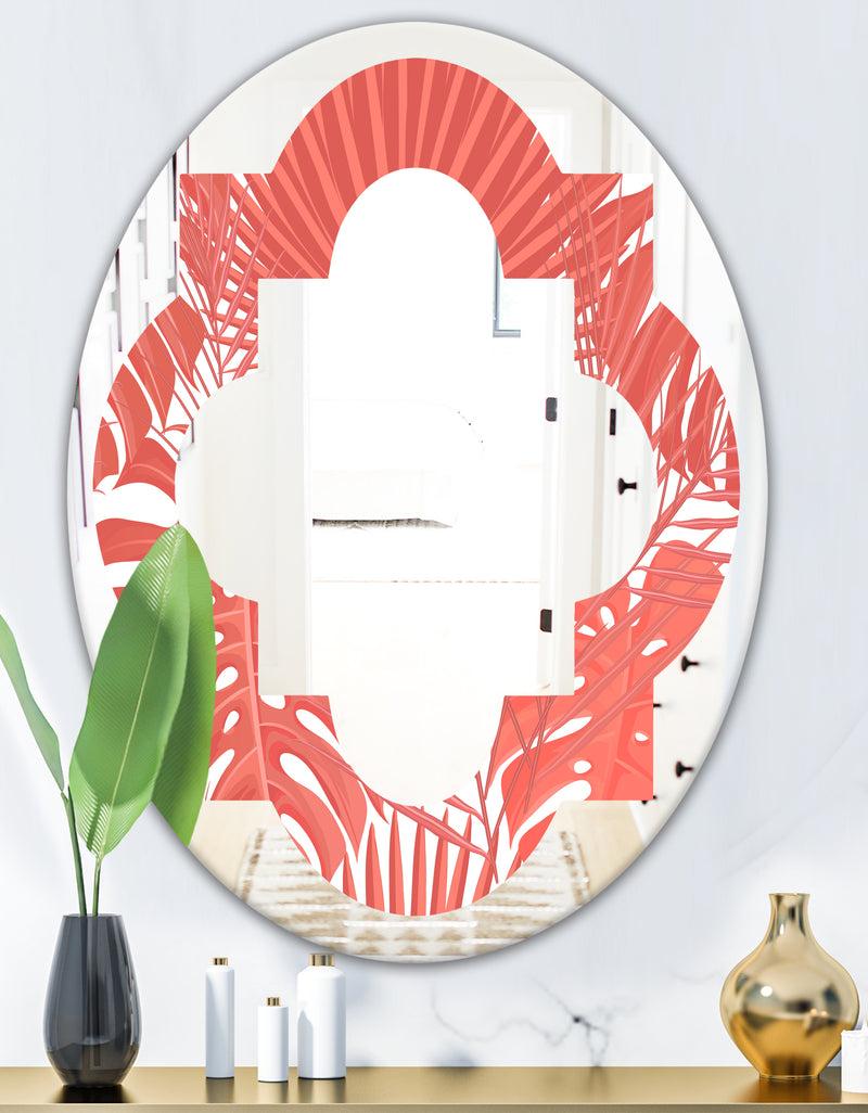 DesignQ Tropical Retro Foliage Coral I - Modern Round Or Oval Wall Mirror - Quatrefoil