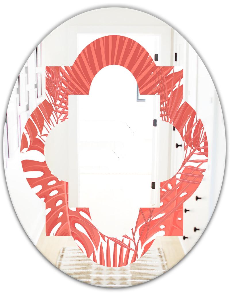 DesignQ Tropical Retro Foliage Coral I - Modern Round Or Oval Wall Mirror - Quatrefoil