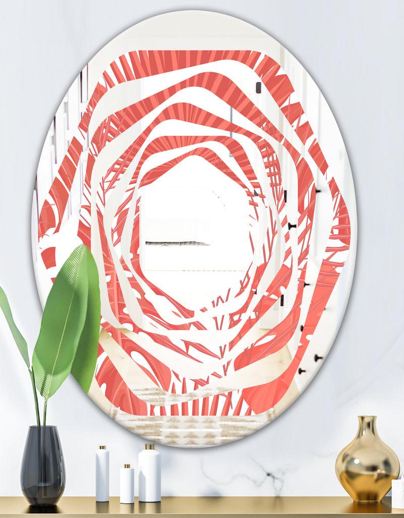 DesignQ Tropical Retro Foliage Coral I - Modern Round Or Oval Wall Mirror - Whirl