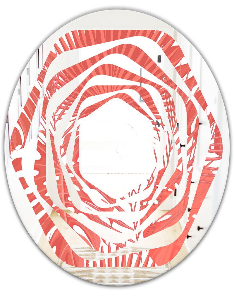 DesignQ Tropical Retro Foliage Coral I - Modern Round Or Oval Wall Mirror - Whirl