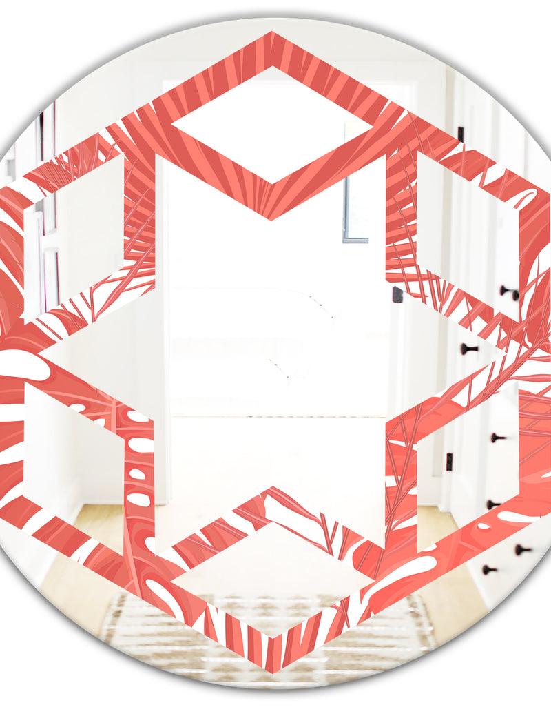 DesignQ Tropical Retro Foliage Coral I - Modern Round Or Oval Wall Mirror - Hexagon Star