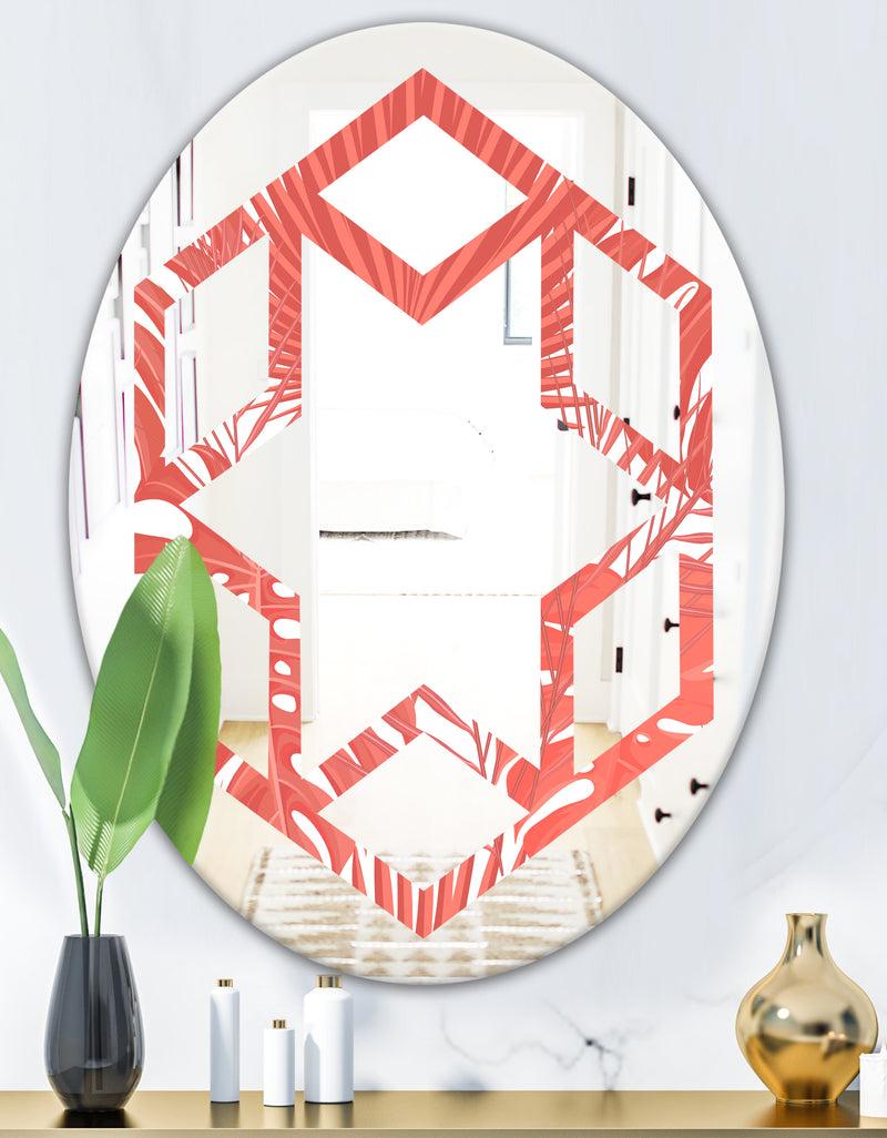 DesignQ Tropical Retro Foliage Coral I - Modern Round Or Oval Wall Mirror - Hexagon Star
