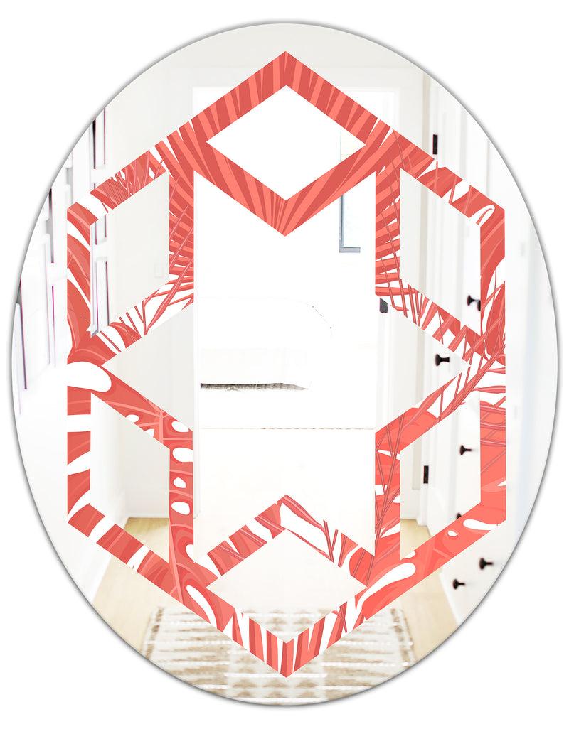 DesignQ Tropical Retro Foliage Coral I - Modern Round Or Oval Wall Mirror - Hexagon Star