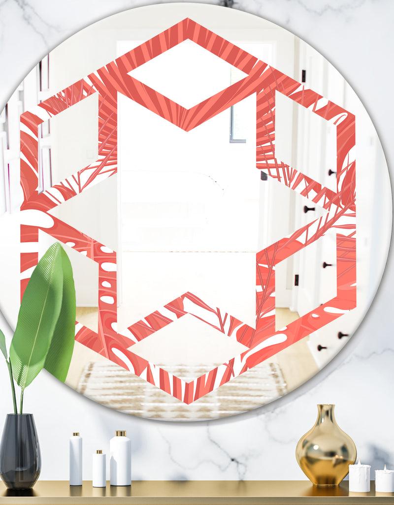 DesignQ Tropical Retro Foliage Coral I - Modern Round or Oval Wall Mirror - Hexagon Star