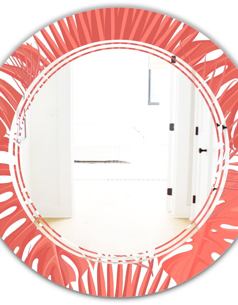 DesignQ Tropical Retro Foliage Coral I - Modern Round Or Oval Wall Mirror - Triple C