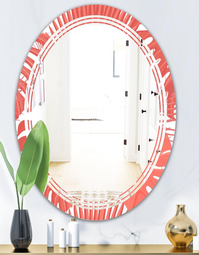 DesignQ Tropical Retro Foliage Coral I - Modern Round Or Oval Wall Mirror - Triple C