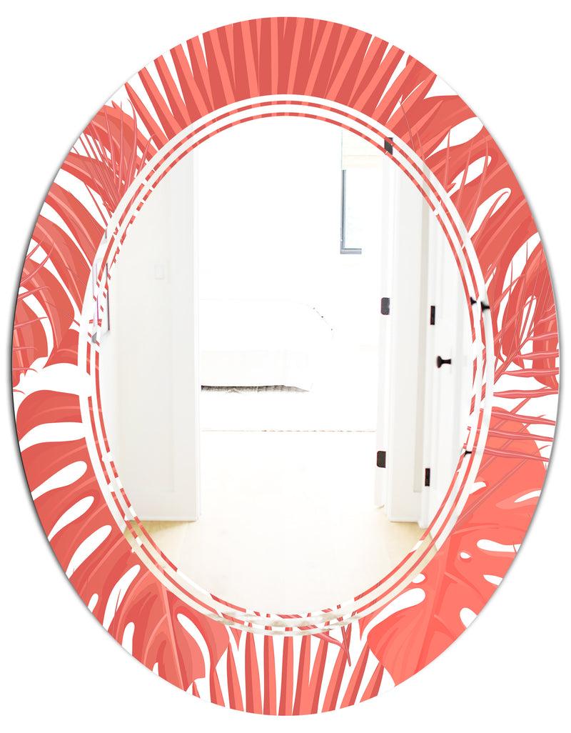 DesignQ Tropical Retro Foliage Coral I - Modern Round Or Oval Wall Mirror - Triple C