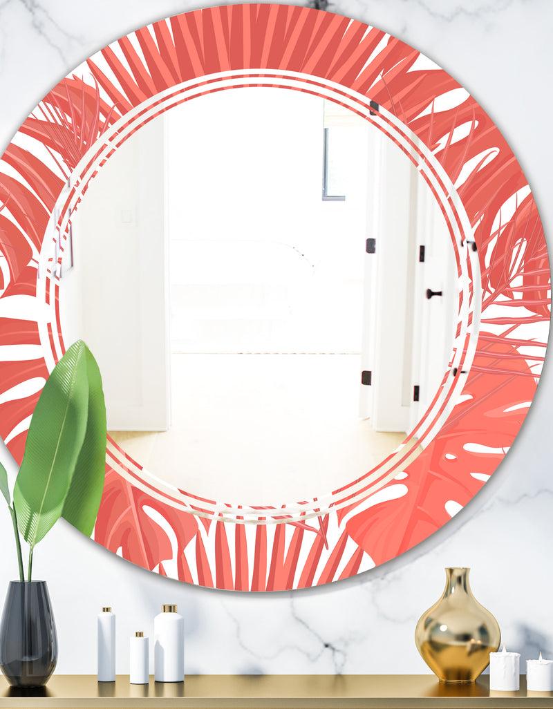 DesignQ Tropical Retro Foliage Coral I - Modern Round or Oval Wall Mirror - Triple C