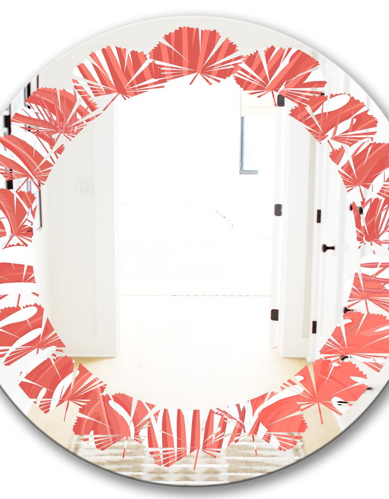 DesignQ Tropical Retro Foliage Coral I - Modern Round Or Oval Wall Mirror - Leaves