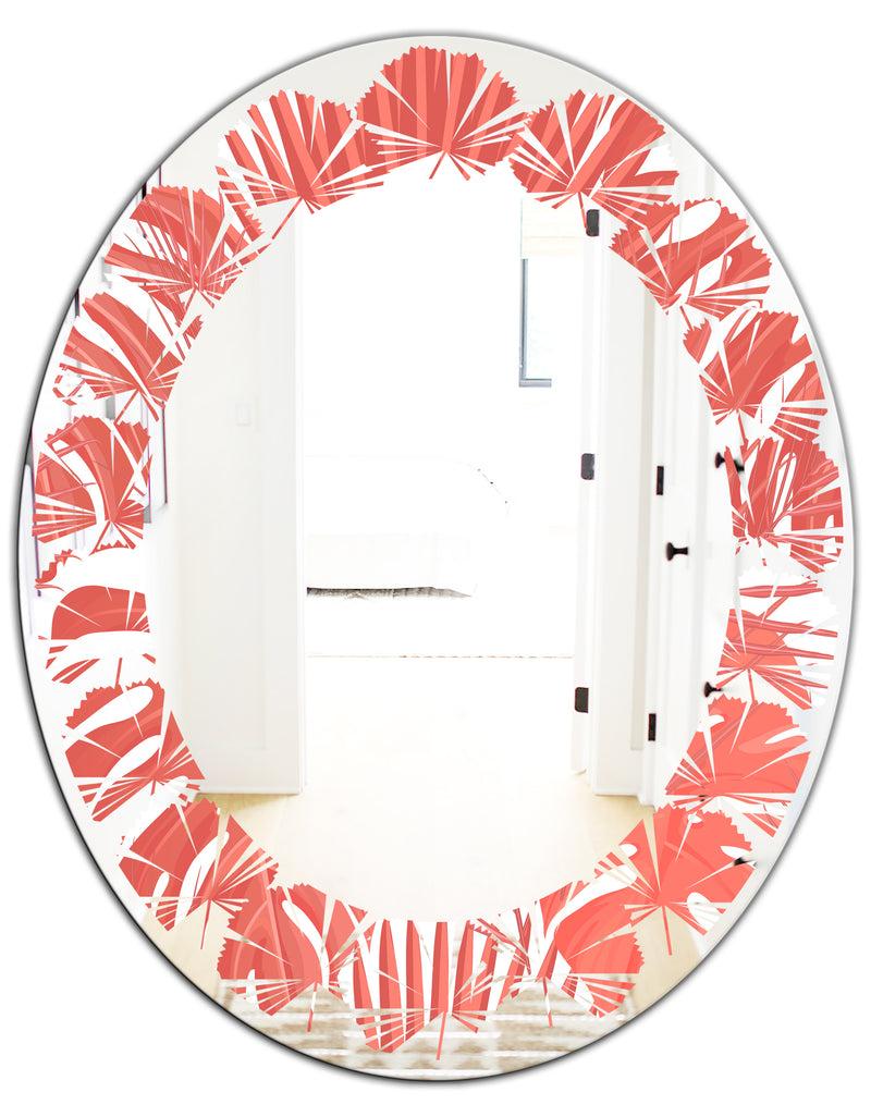 DesignQ Tropical Retro Foliage Coral I - Modern Round Or Oval Wall Mirror - Leaves