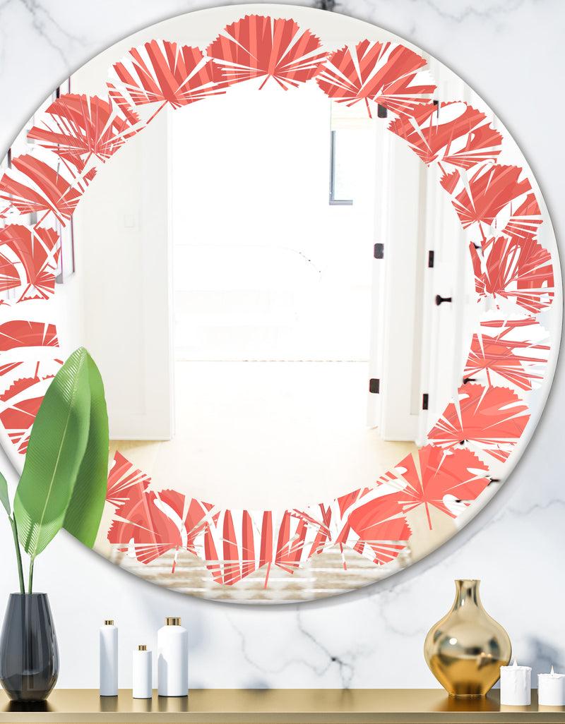 DesignQ Tropical Retro Foliage Coral I - Modern Round or Oval Wall Mirror - Leaves