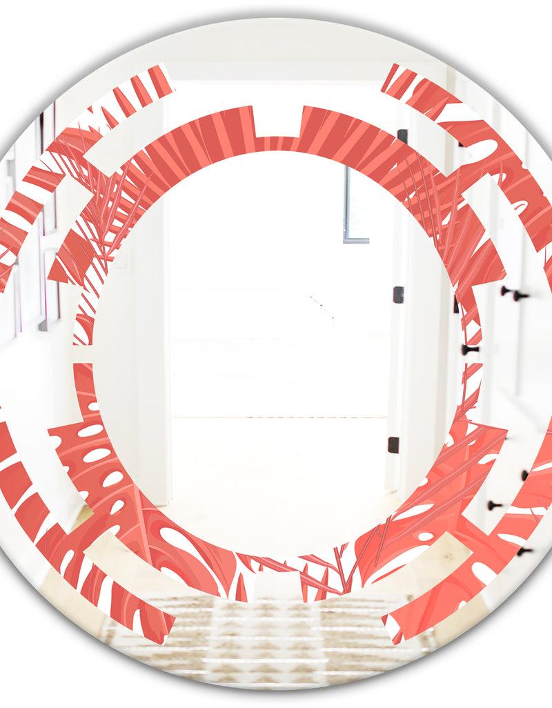 DesignQ Tropical Retro Foliage Coral I - Modern Round Or Oval Wall Mirror - Space